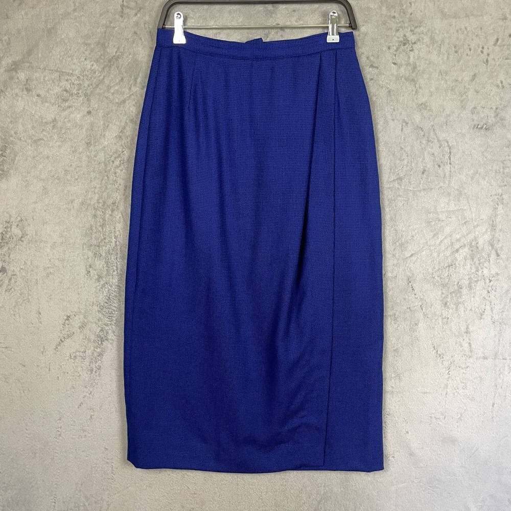 Paula Saker Vintage 100% Wool Blue Geometric Wrap Front Pencil Midi Skirt 12